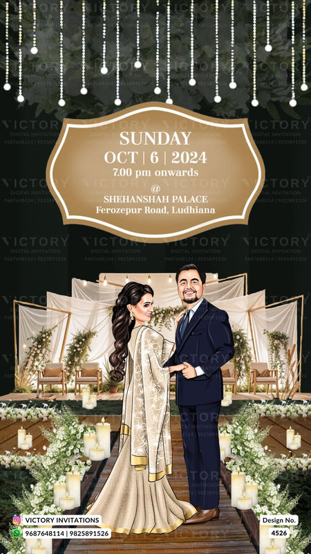 Romantic couple caricature invitation card for 25th Wedding Anniversary in English language with couple photo, flowers as Garden theme design 4526