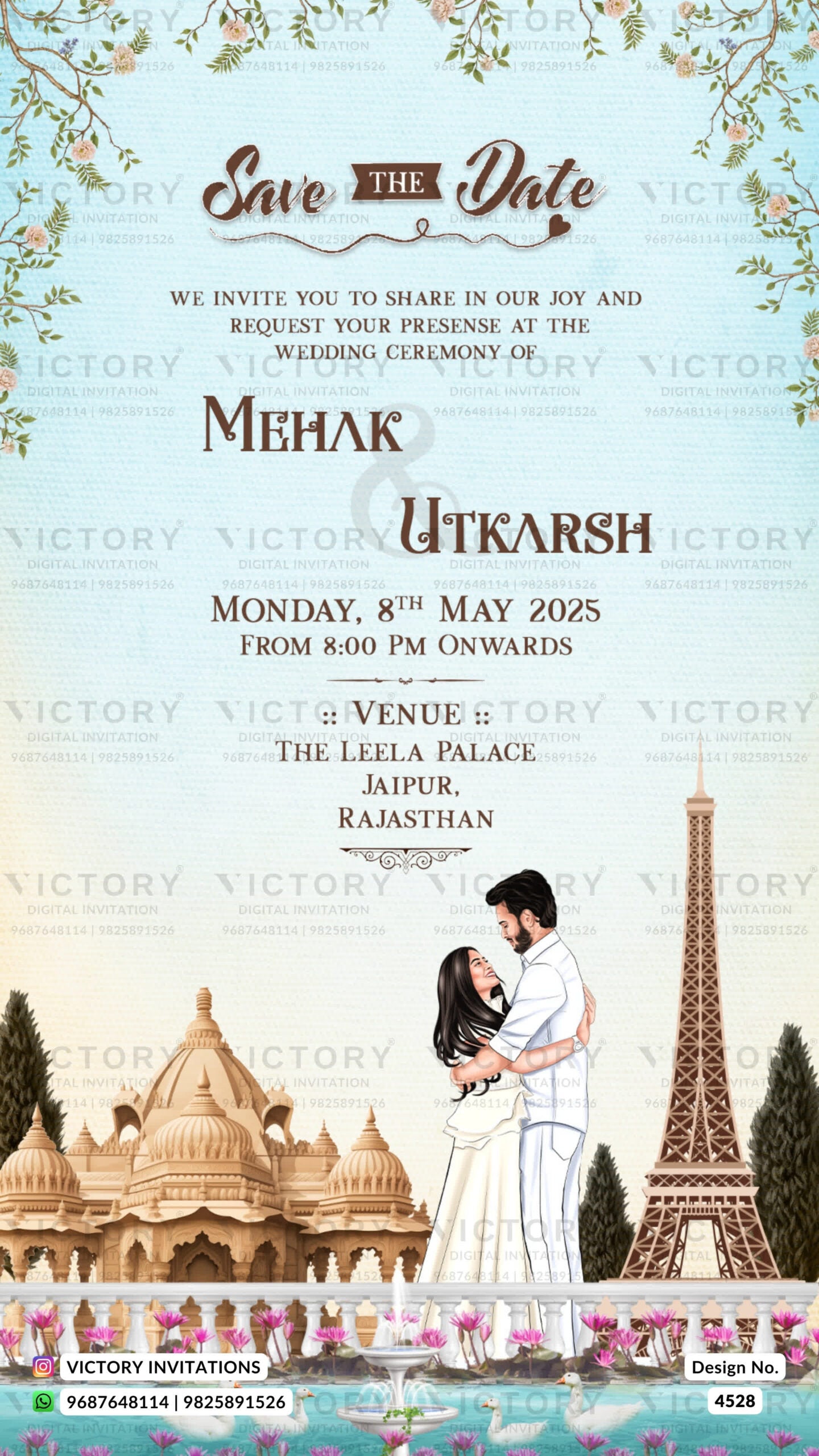 Romantic couple caricature invitation card for Save the Date in English language with effil tower as temple theme design 4528