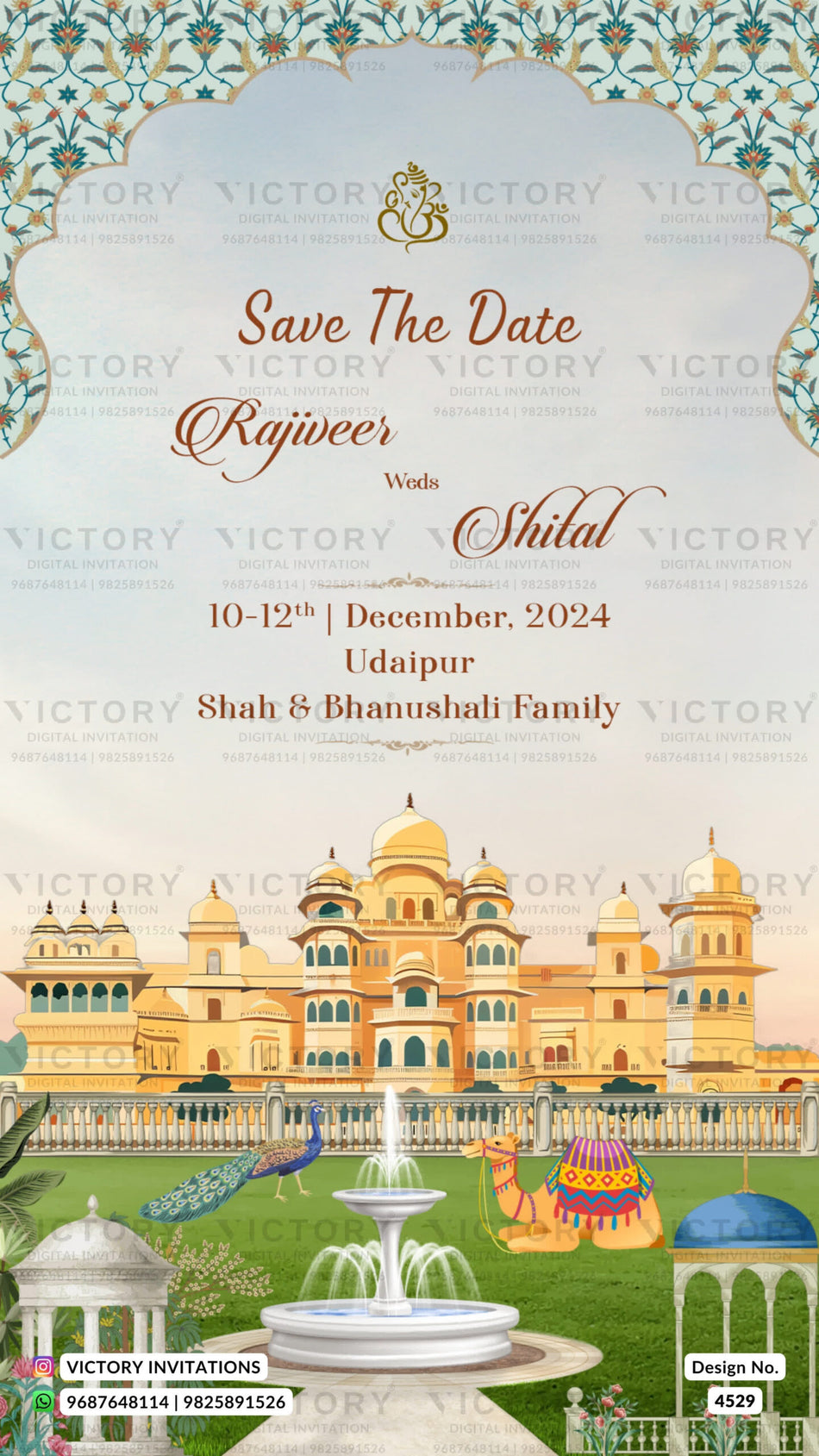 Save the Date card in english language with fountain, peacock as royal theme design 4529