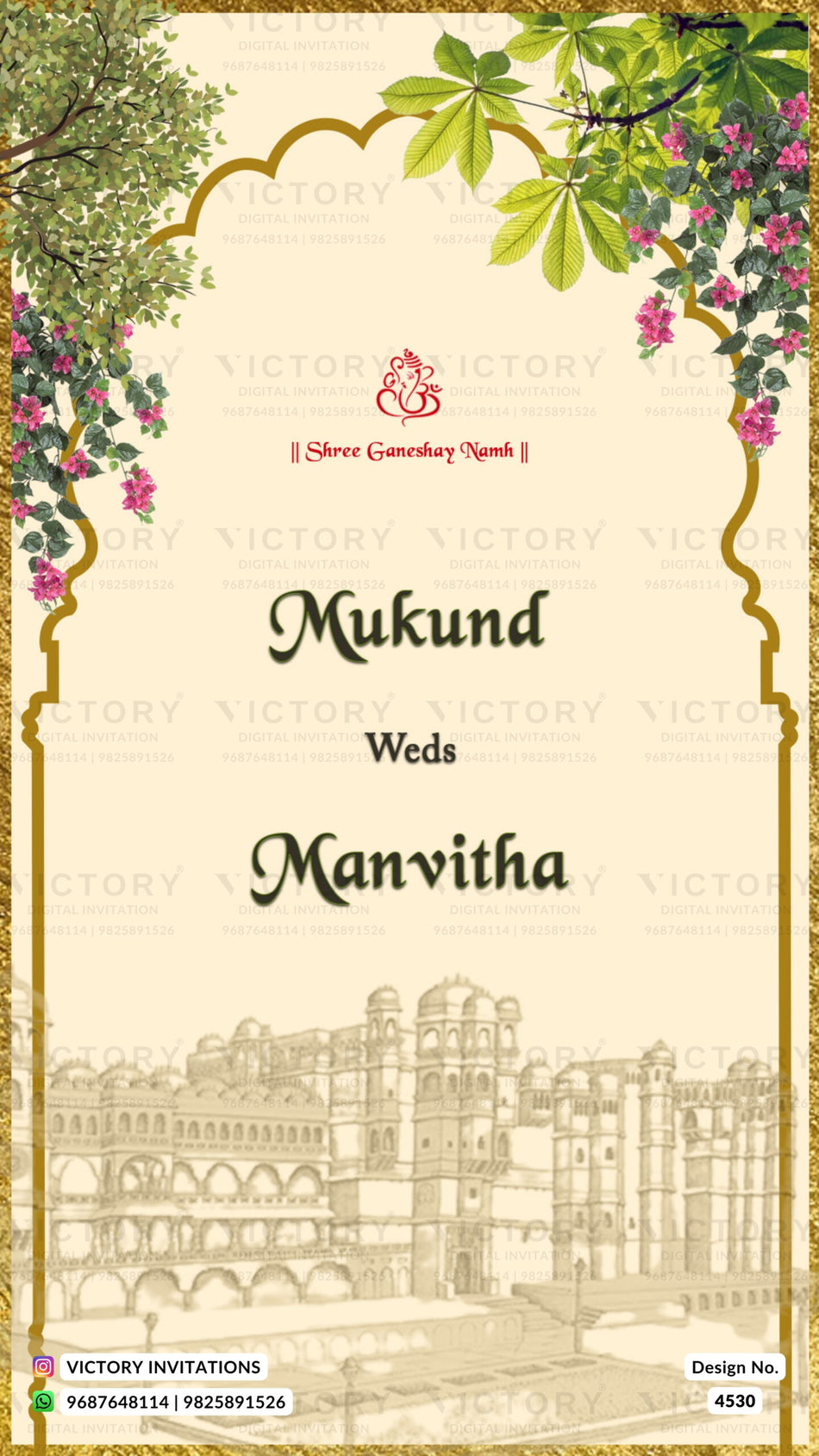 Wedding ceremony invitation card of hindu south indian telugu family in english language with arch theme design 4530