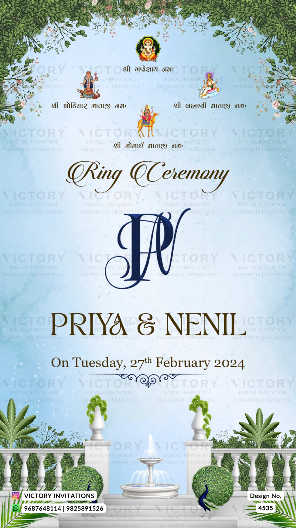 Chandla vidhi Engagement invitation card in gujarati language with fountain, fence as garden theme design 4535