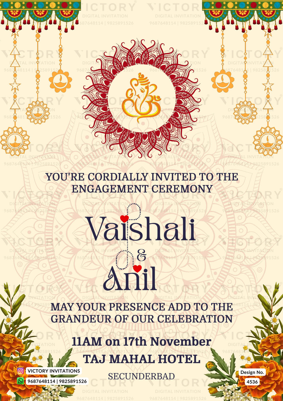 Engagement ceremony invitation card in english language with mandala, flowers as traditional theme design 4536