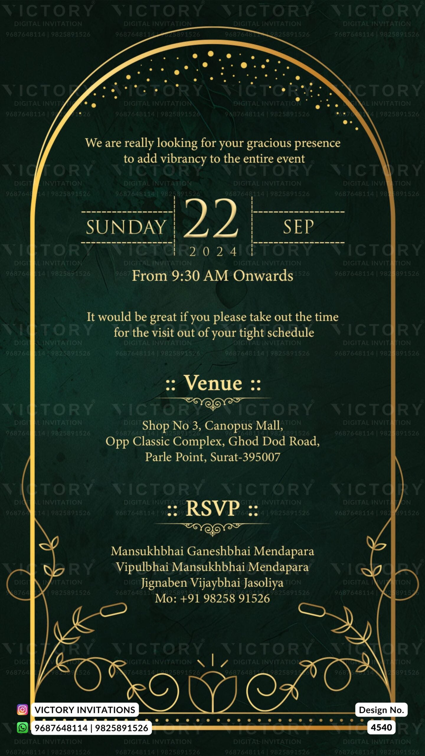 Opening invitation card in gujarati language with golden frame as minimalistic theme design 4540