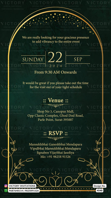 Opening invitation card in gujarati language with golden frame as minimalistic theme design 4540