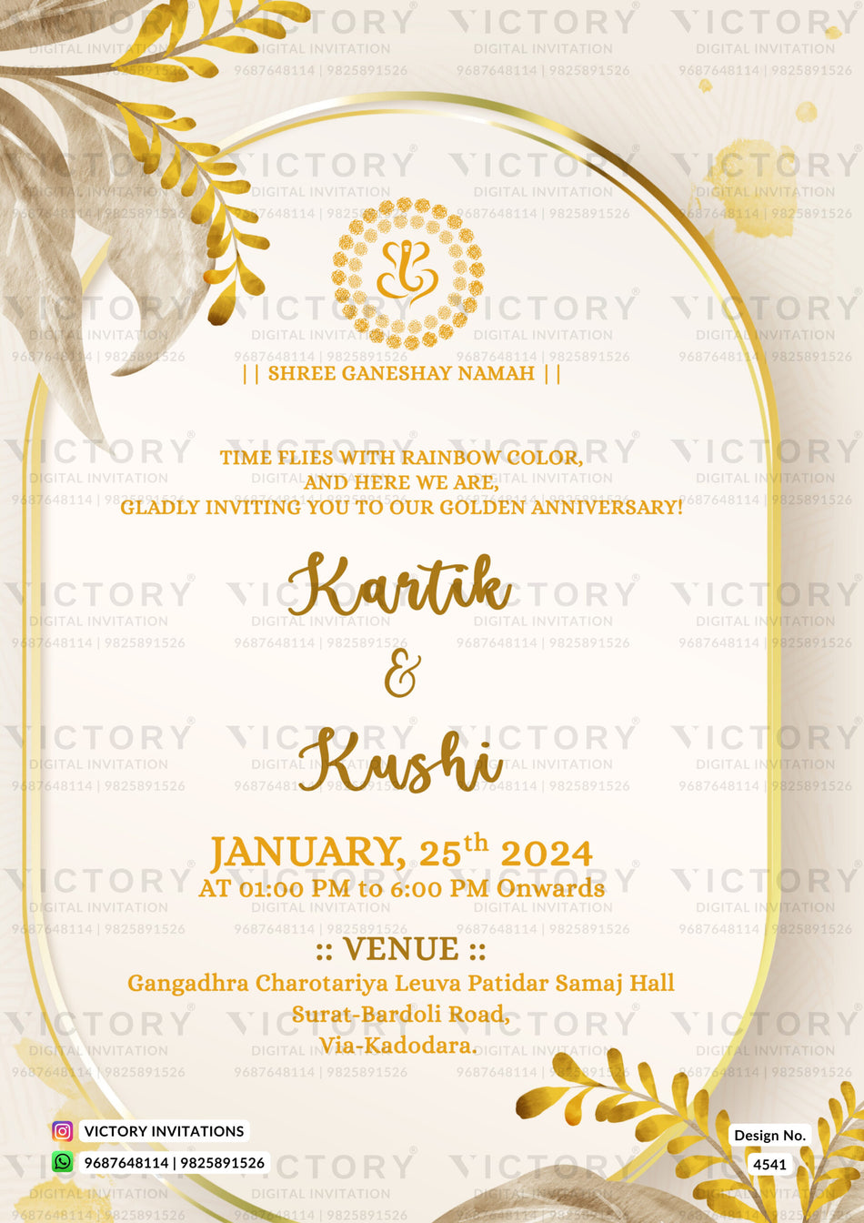 50th Wedding Anniversary invitation card in English language with golden frame as minimalistic theme design 4541