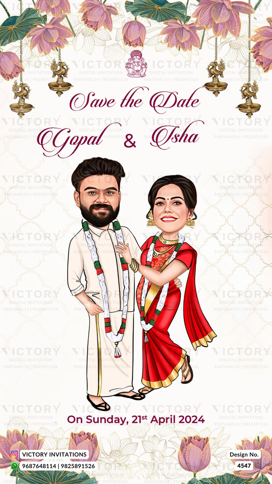 Dhoti and Saree couple caricature invitation card for wedding ceremony of south indian malayali family in english language with floral theme design 4547