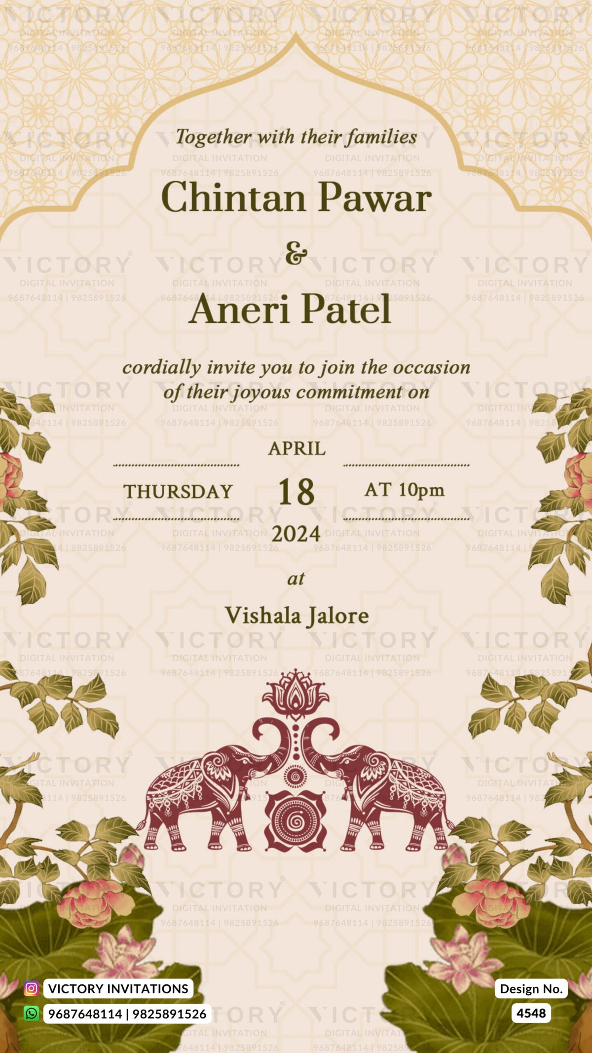 Save the Date card in english language with elephant, lotus as arch theme design 4548