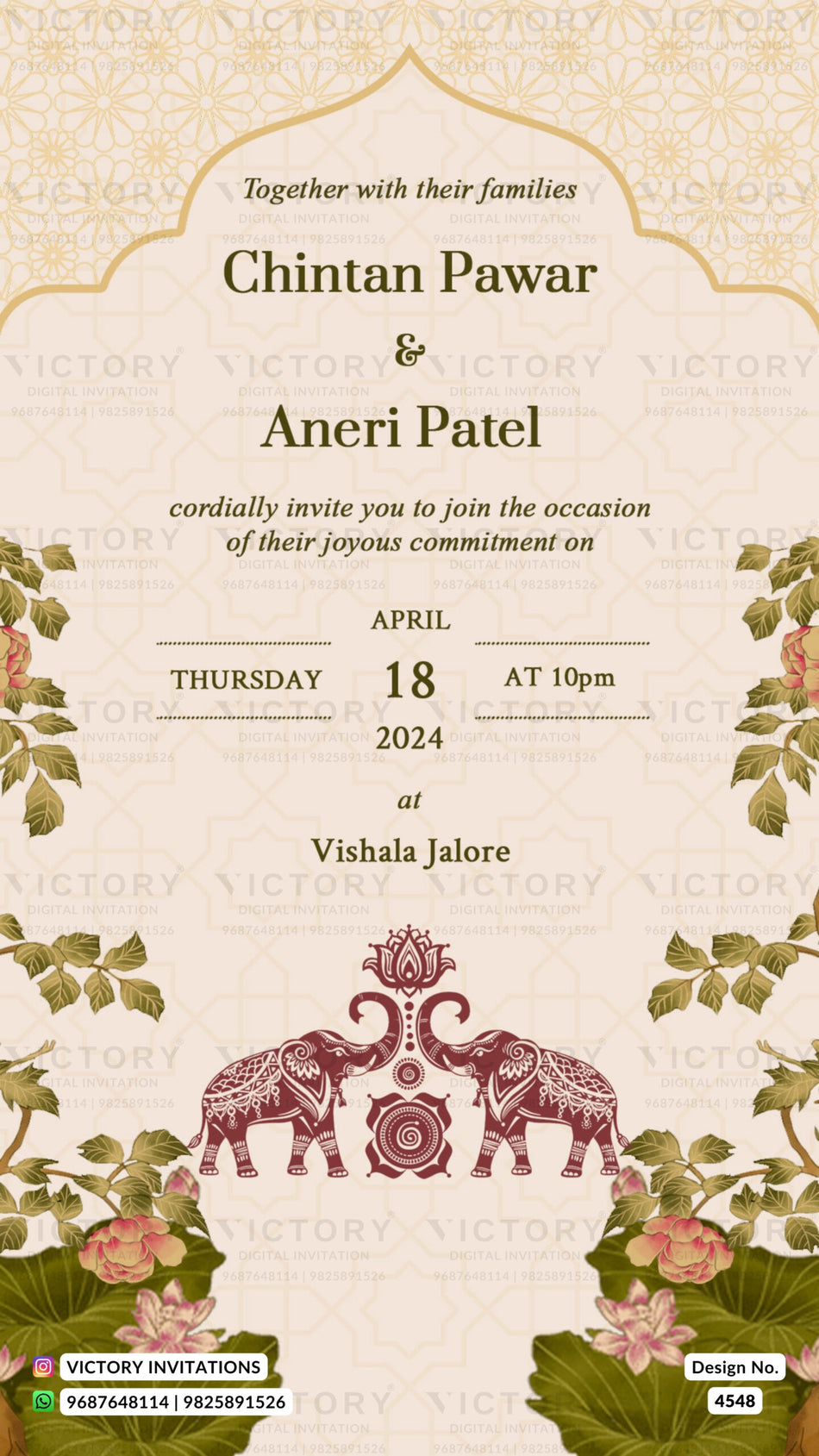 Save the Date card in english language with elephant, lotus as arch theme design 4548