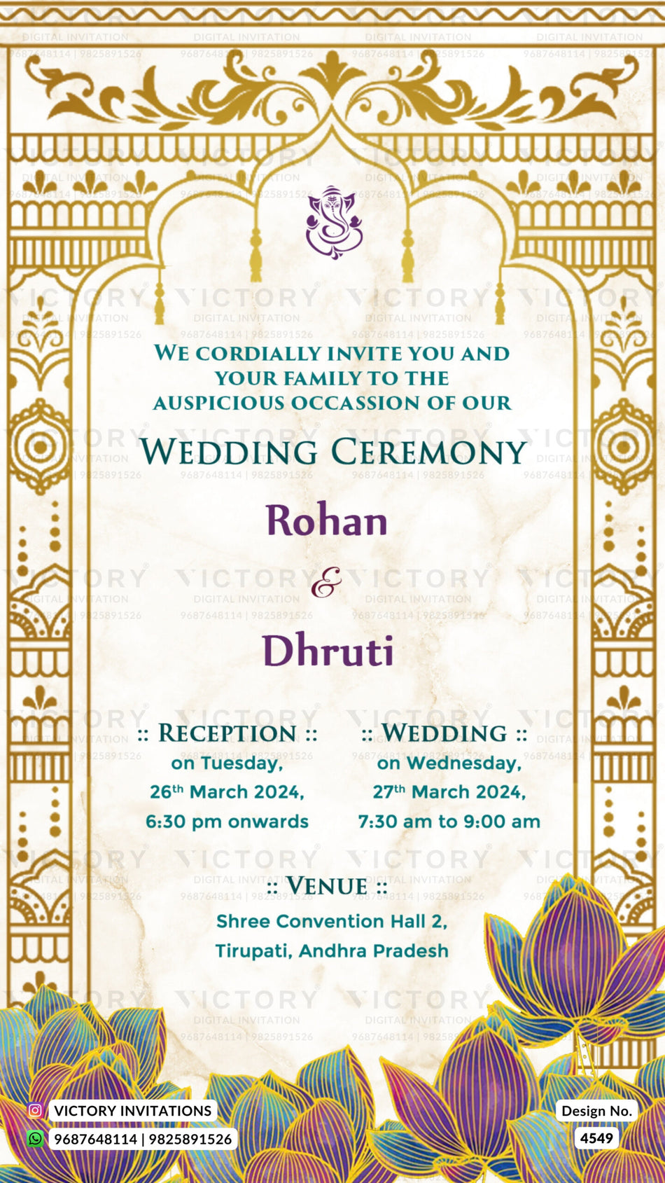 Wedding ceremony invitation card of hindu south indian telugu family in english language with traditional theme design 4549