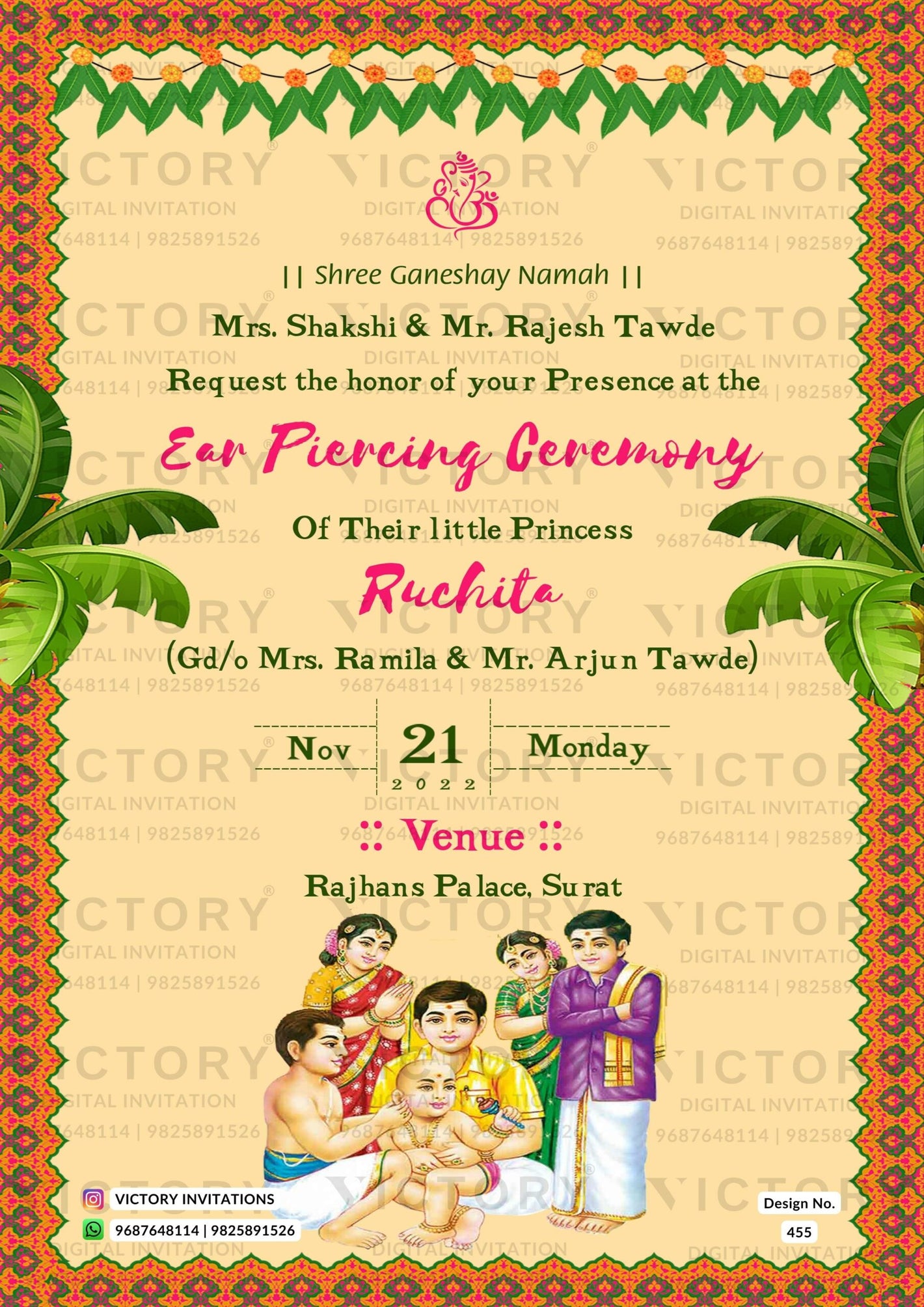 Ear Piercing ceremony invitation card in english language with toran, ear piercing doodle as vintage theme design 455