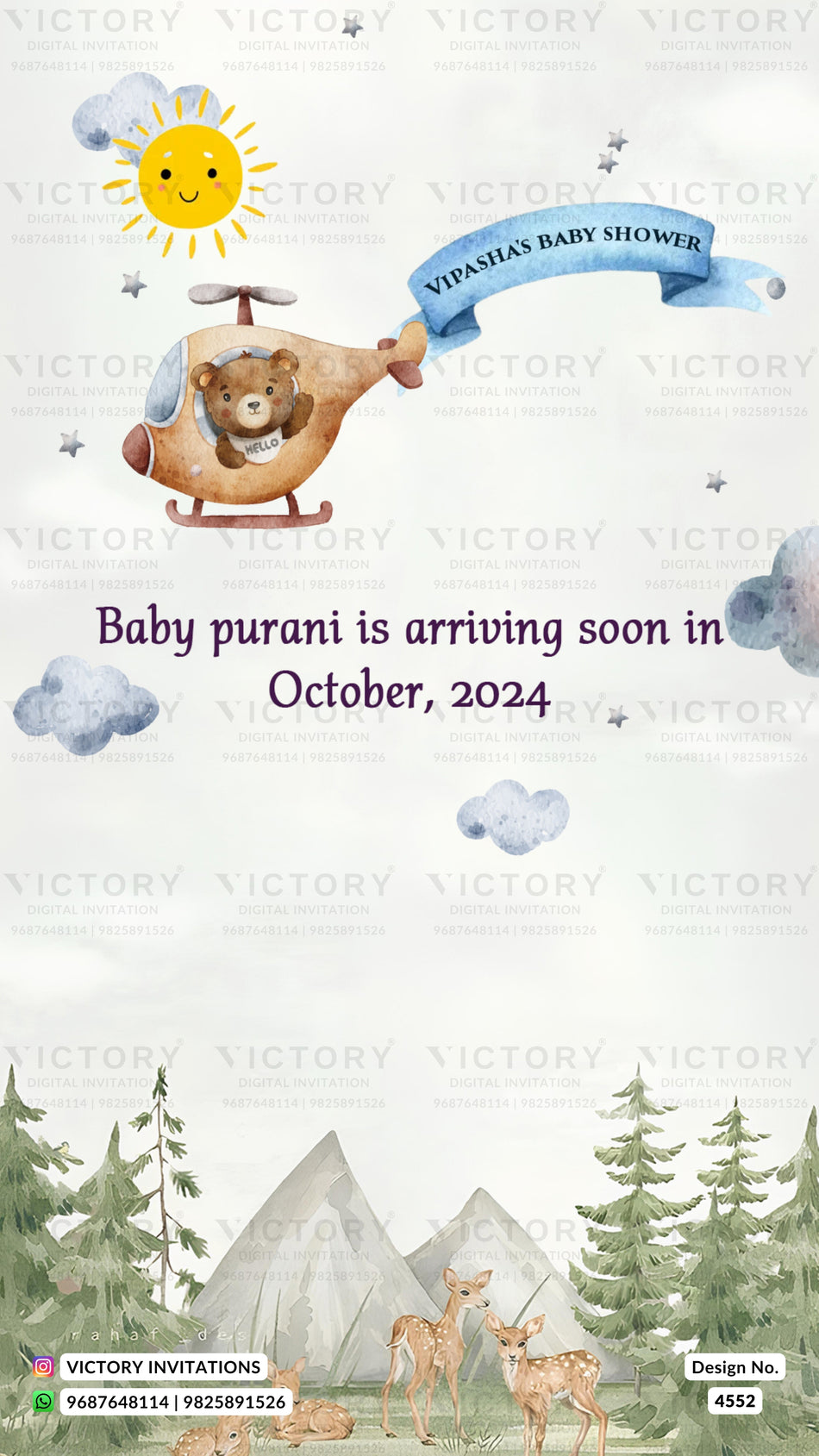 Baby Shower ceremony invitation card in english language with deer, mountain as forest theme design 4552