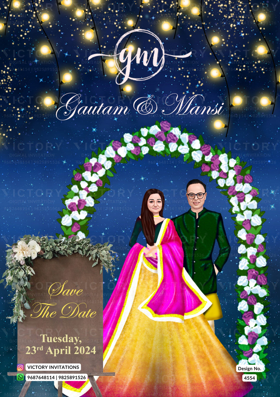 Traditional couple caricature invitation card for Save the Date in English language with bulb, flowers as glittery theme design 4554