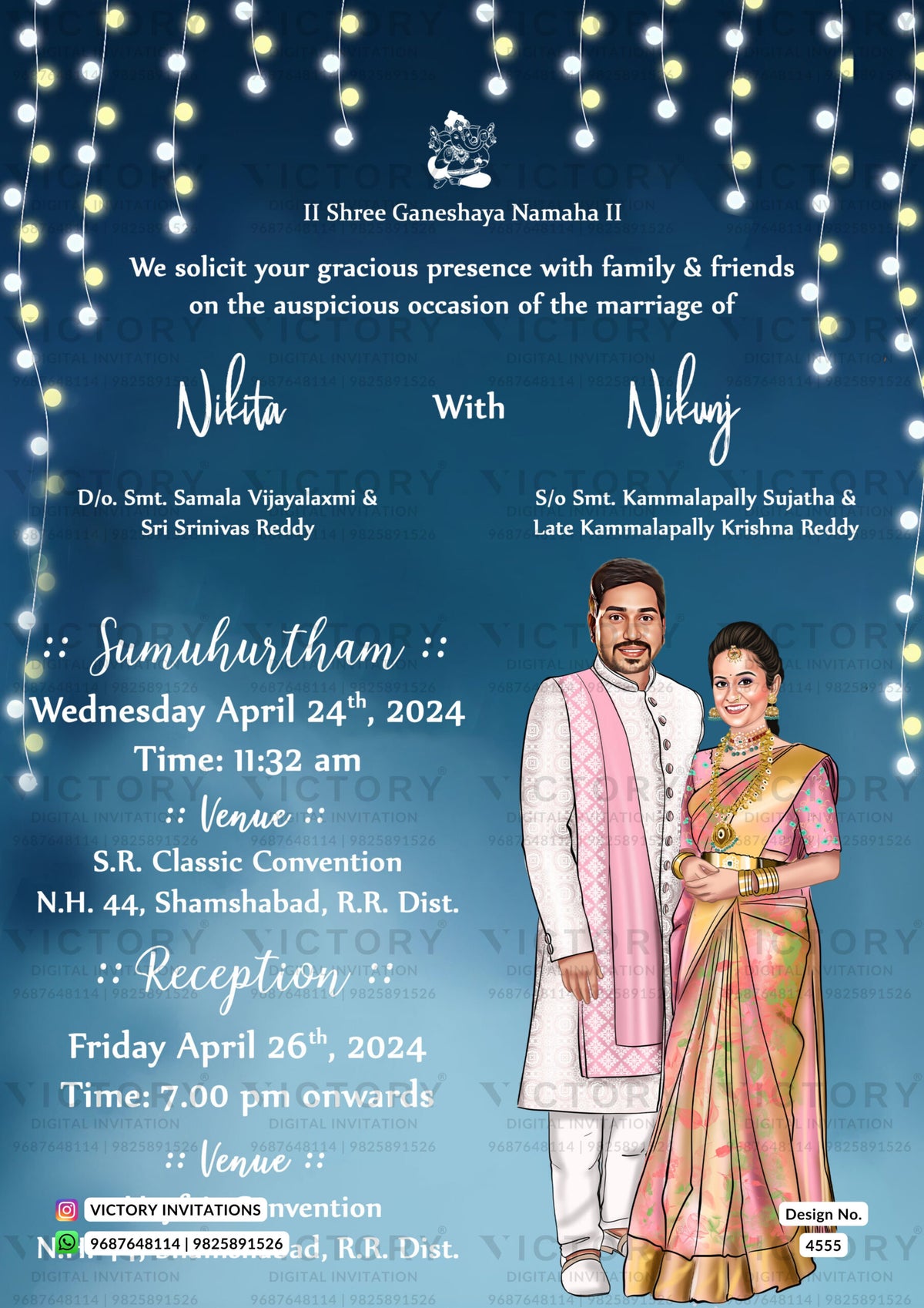Allegiant couple caricature invitation card for wedding ceremony of south indian telugu family in english language with minimalistic theme design 4555