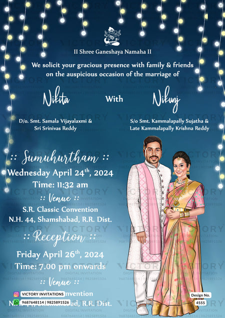 Allegiant couple caricature invitation card for wedding ceremony of south indian telugu family in english language with minimalistic theme design 4555