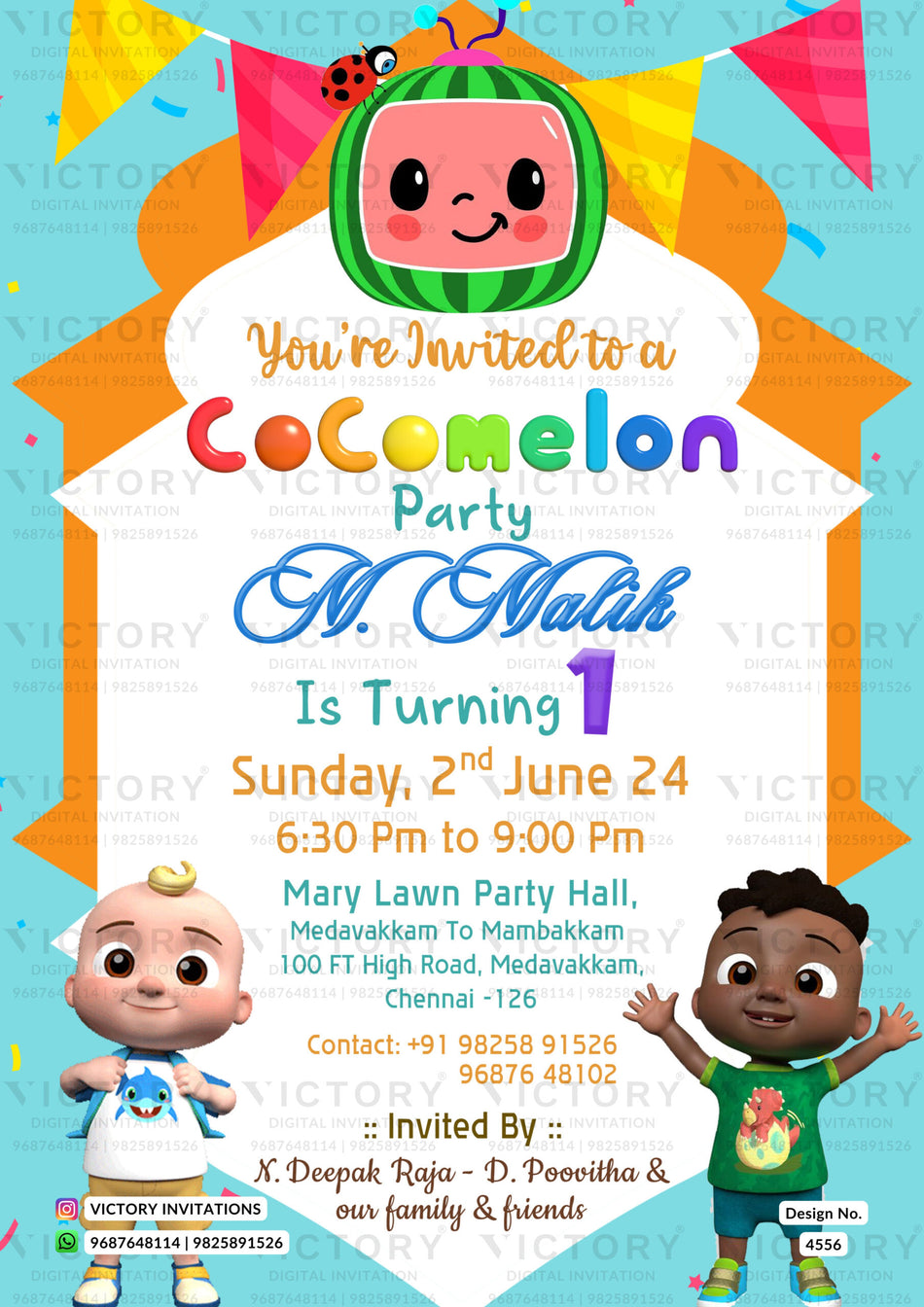 Birthday party invitation card for boy in english language with baby doodle as playful theme design 4556