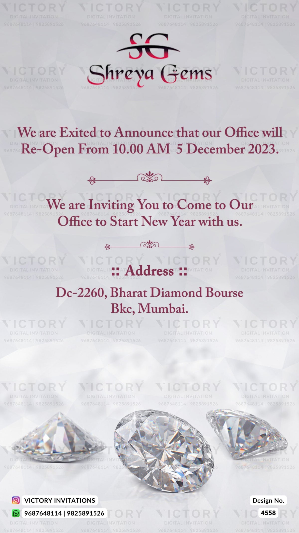 Opening invitation card in english language with diamond as minimalistic theme design 4558
