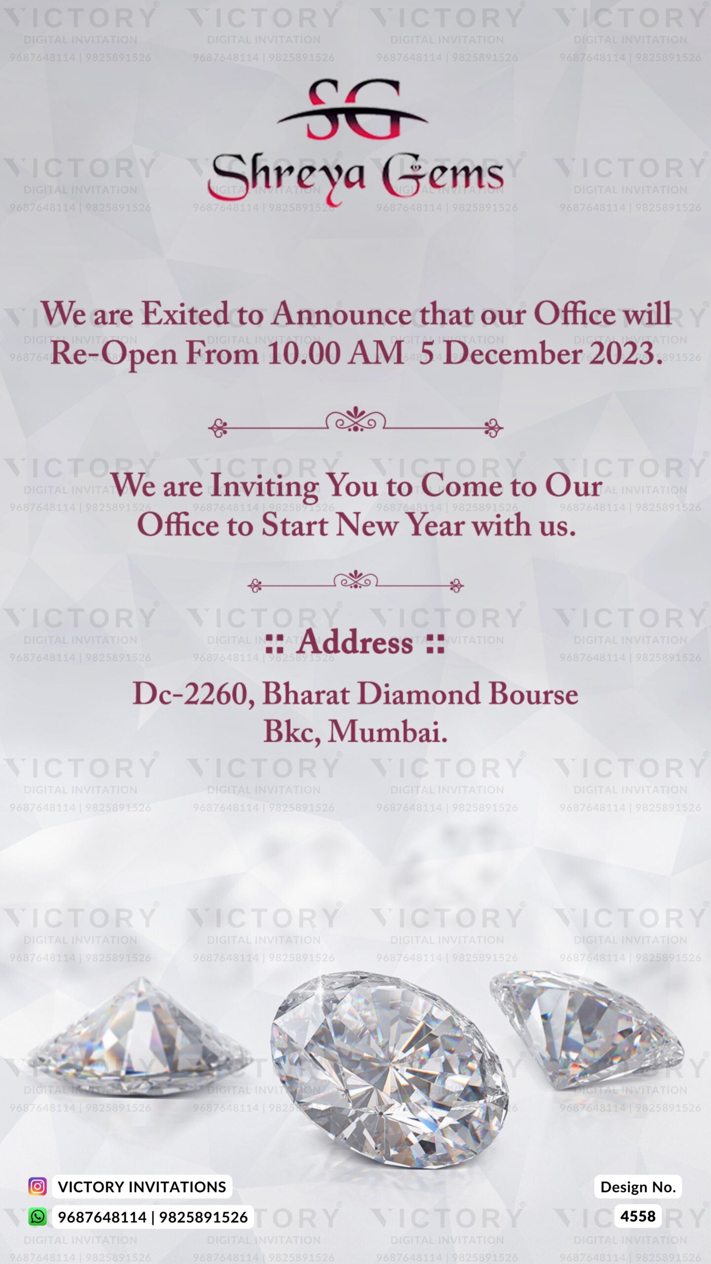 Opening invitation card in english language with diamond as minimalistic theme design 4558
