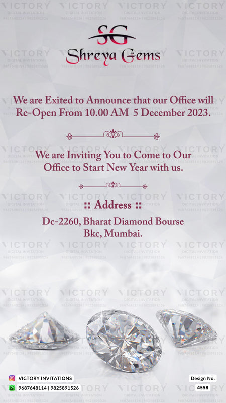 Opening invitation card in english language with diamond as minimalistic theme design 4558