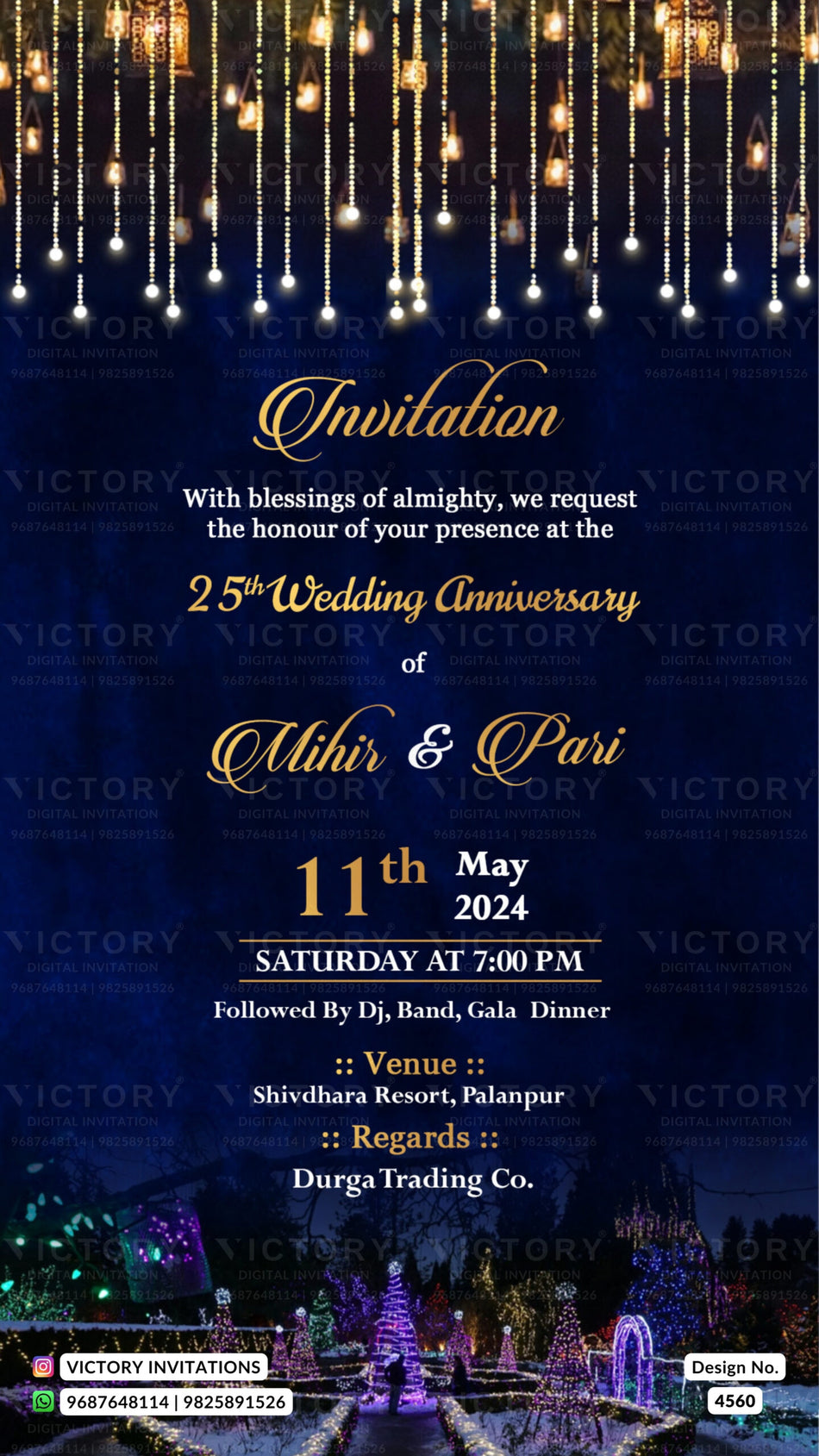 25th Wedding Anniversary invitation card in English language with string light as glittery theme design 4560