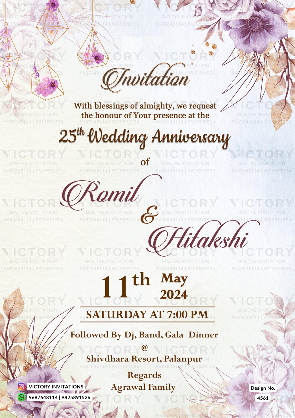 25th Wedding Anniversary invitation card in English language with hanging, leaves as floral theme design 4561