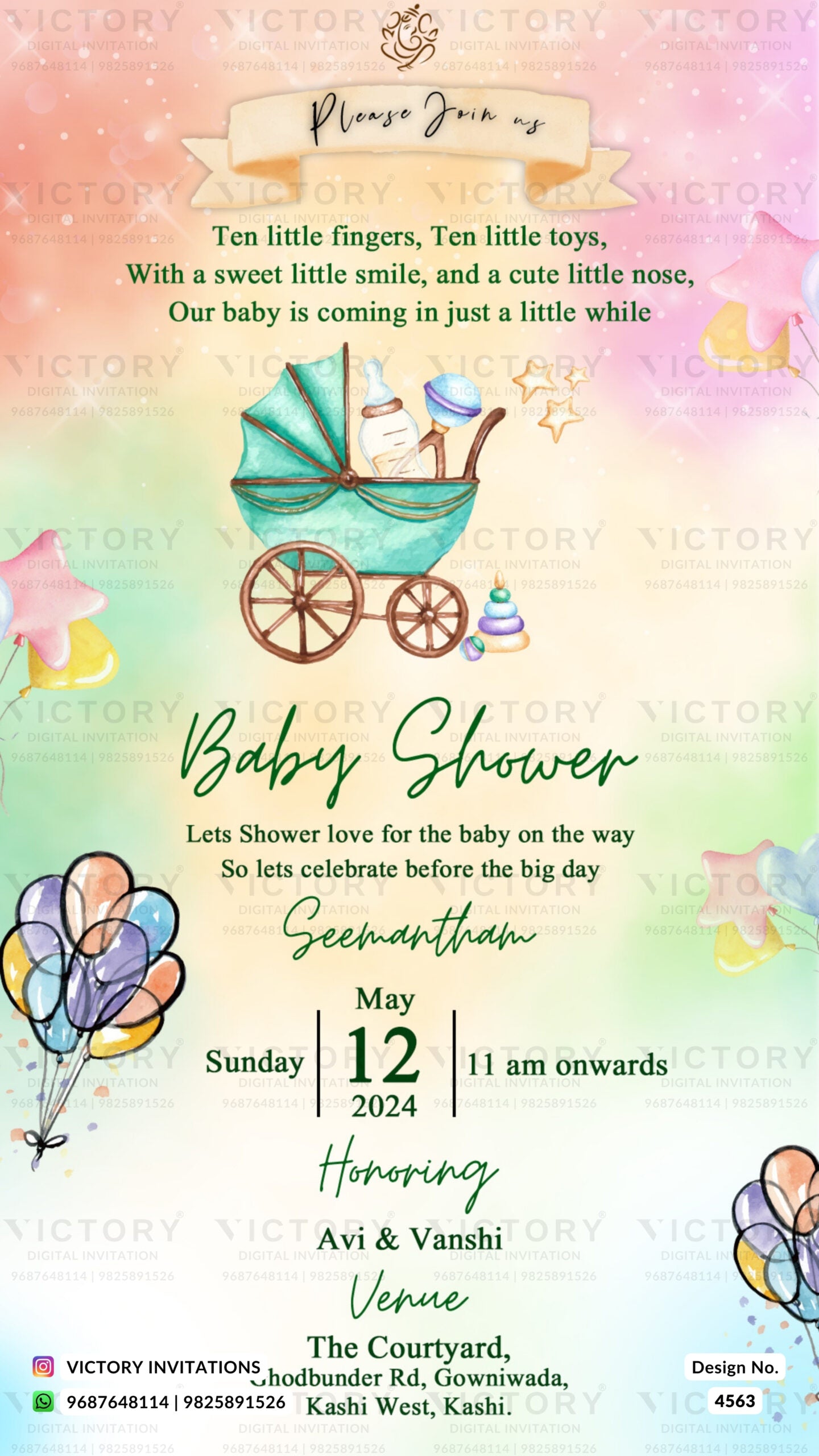 Baby Shower ceremony invitation card in english language with balloon, star as palyful theme design 4563