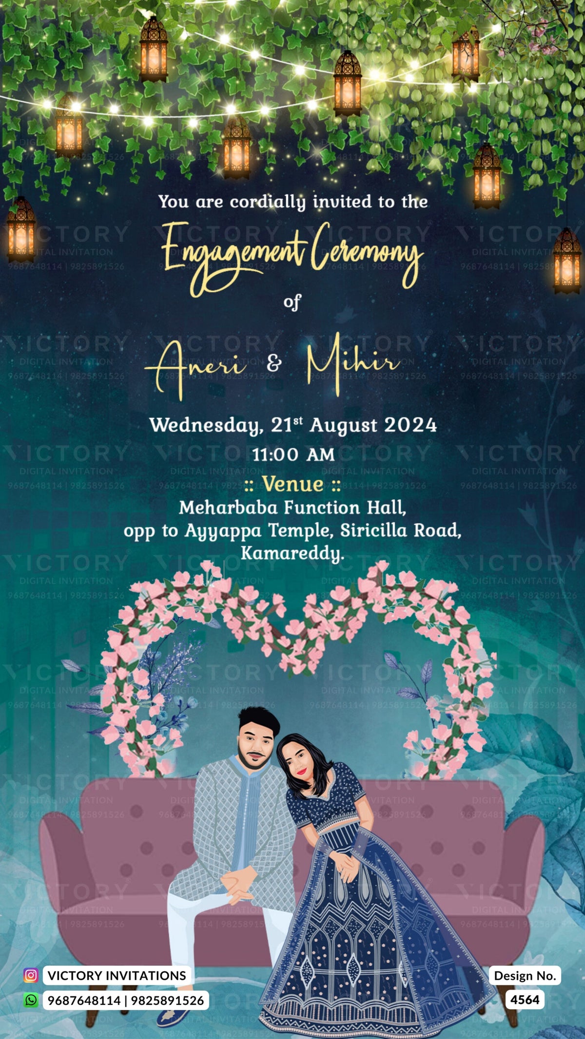 Sitting couple caricature invitation card for Engagement ceremony in English language with lantern, sofa as floral theme design 4564