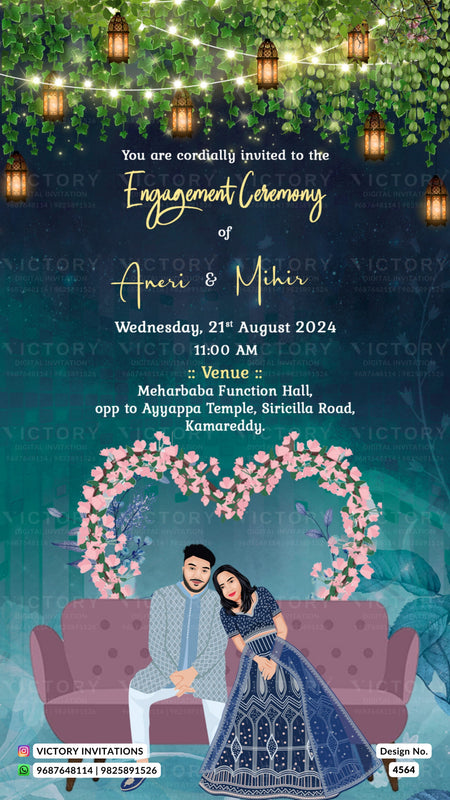 Sitting couple caricature invitation card for Engagement ceremony in English language with lantern, sofa as floral theme design 4564