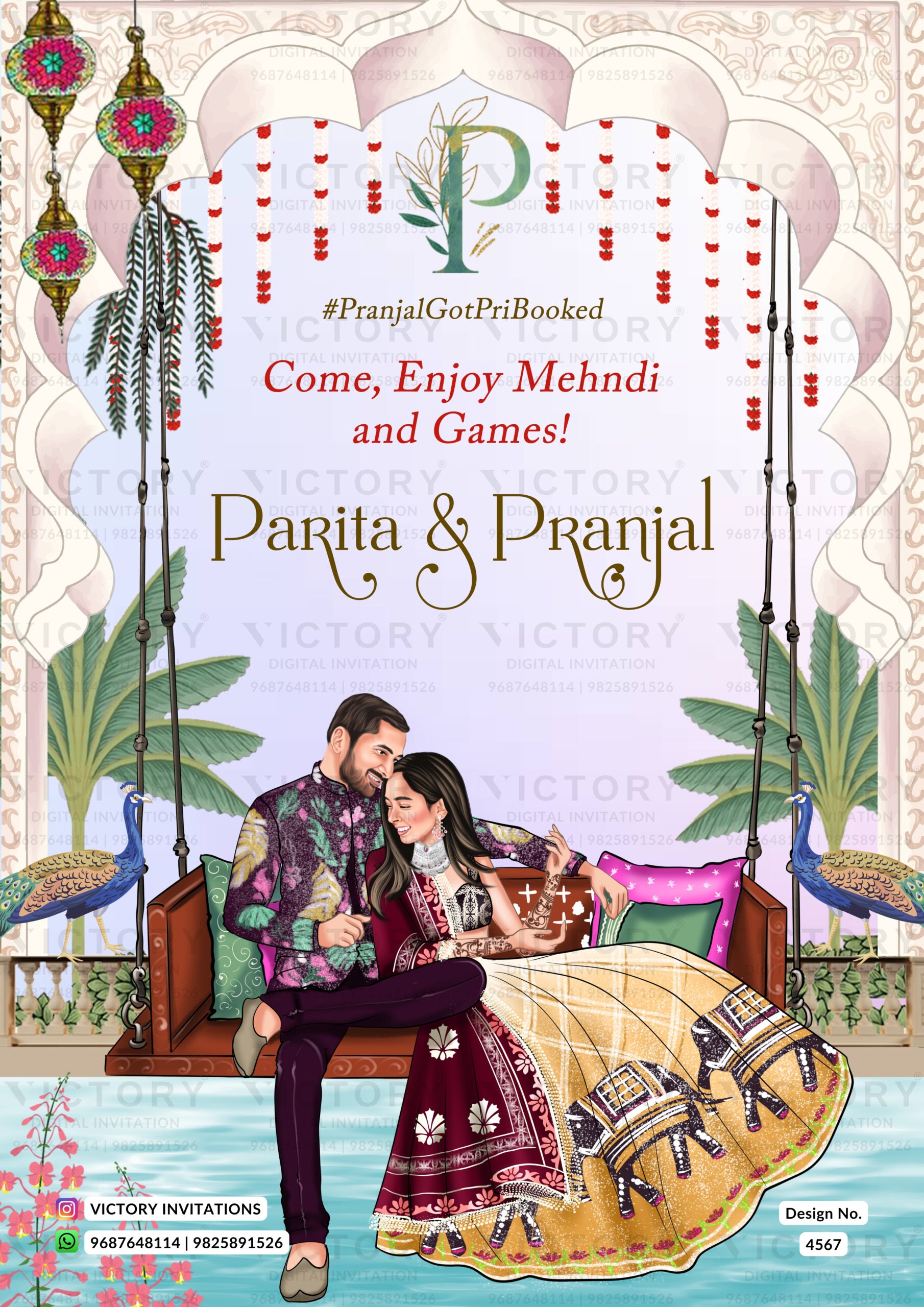 Romantic couple caricature welcome standee of Mehndi ceremony in English language with arch, swing as traditional theme design 4567