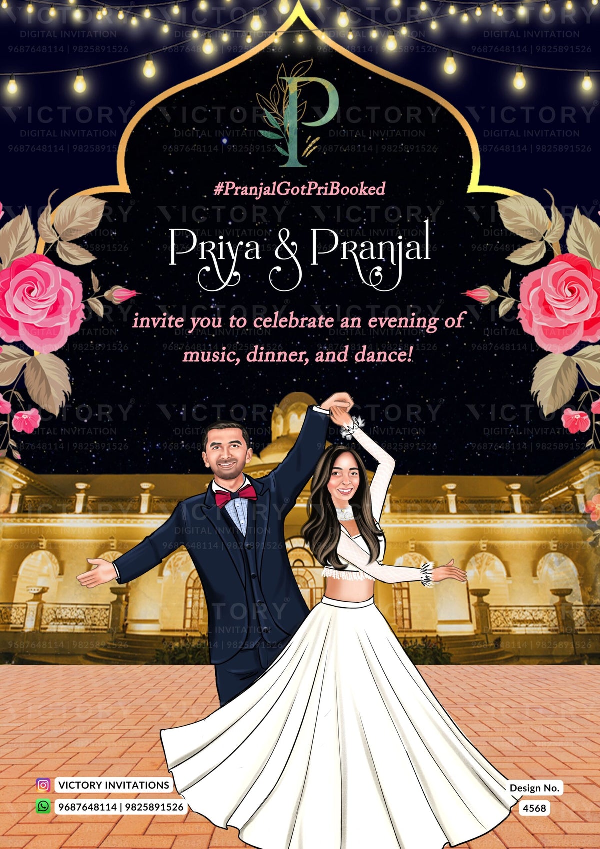 Dancing couple caricature welcome standee of Sangeet ceremony in Engli ...
