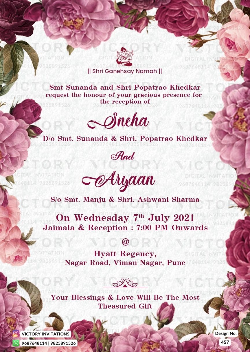 Reception Party invitation card in english language with flowers as floral theme design 457