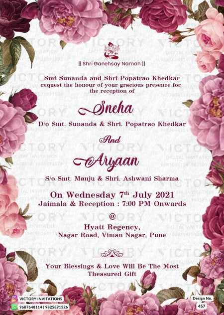 Reception Party invitation card in english language with flowers as floral theme design 457