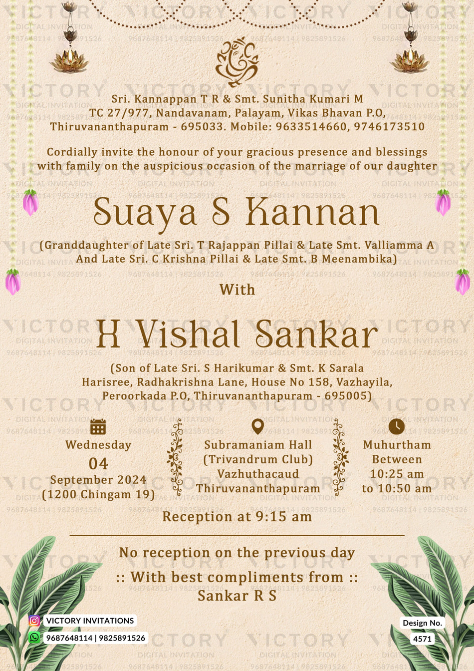 Wedding ceremony invitation card of hindu south indian malayali family in english language with minimalistic theme design 4571