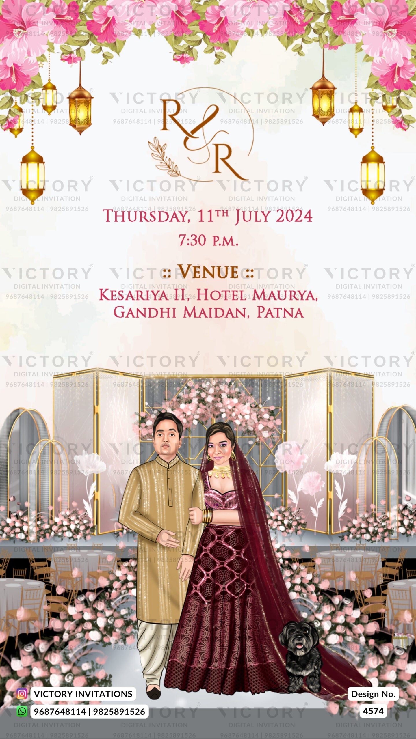Traditional couple caricature invitation card for Engagement ceremony in English language with lantern as floral theme design 4574