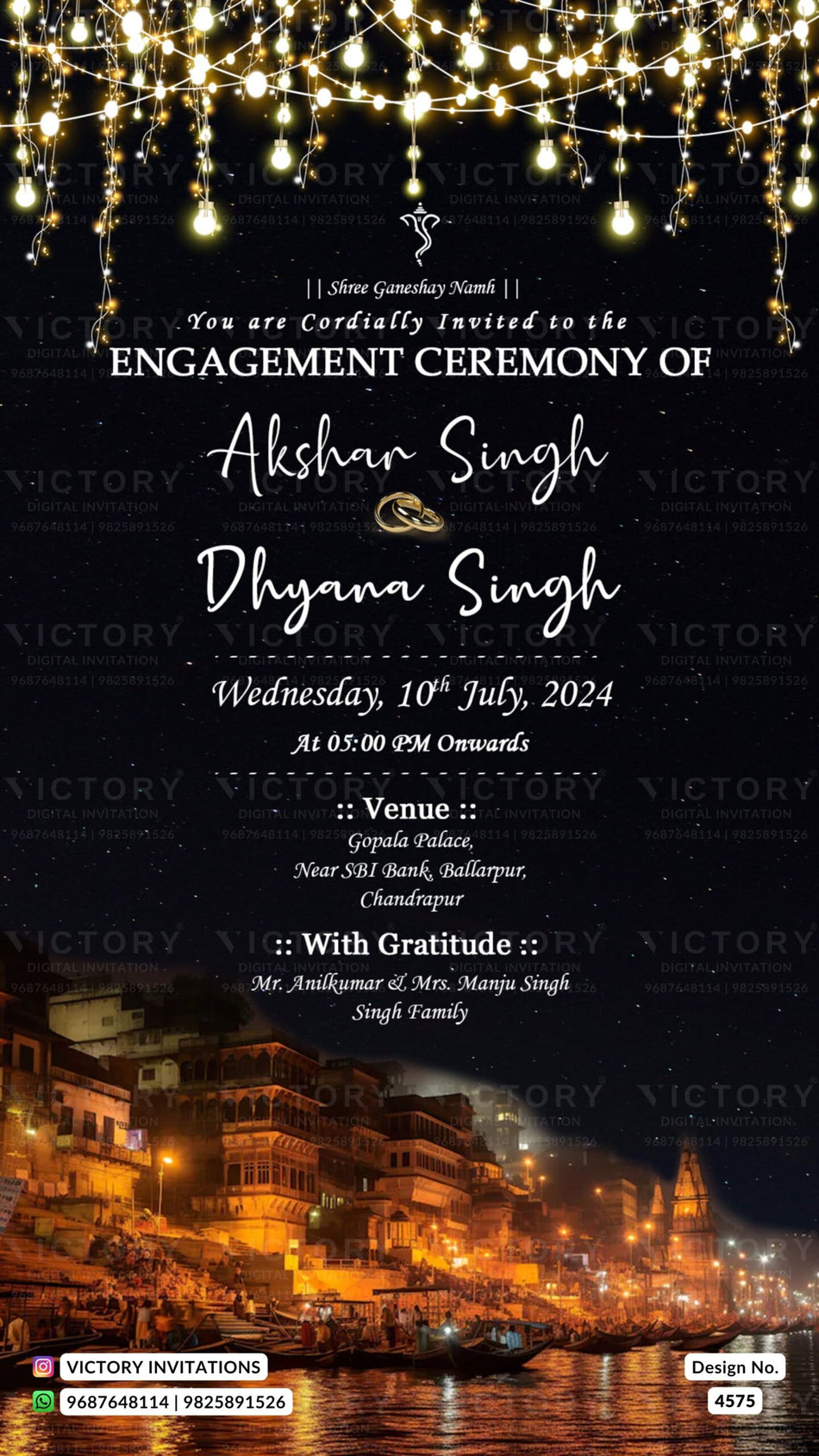 Engagement ceremony invitation card in english language with string light as temple theme design 4575