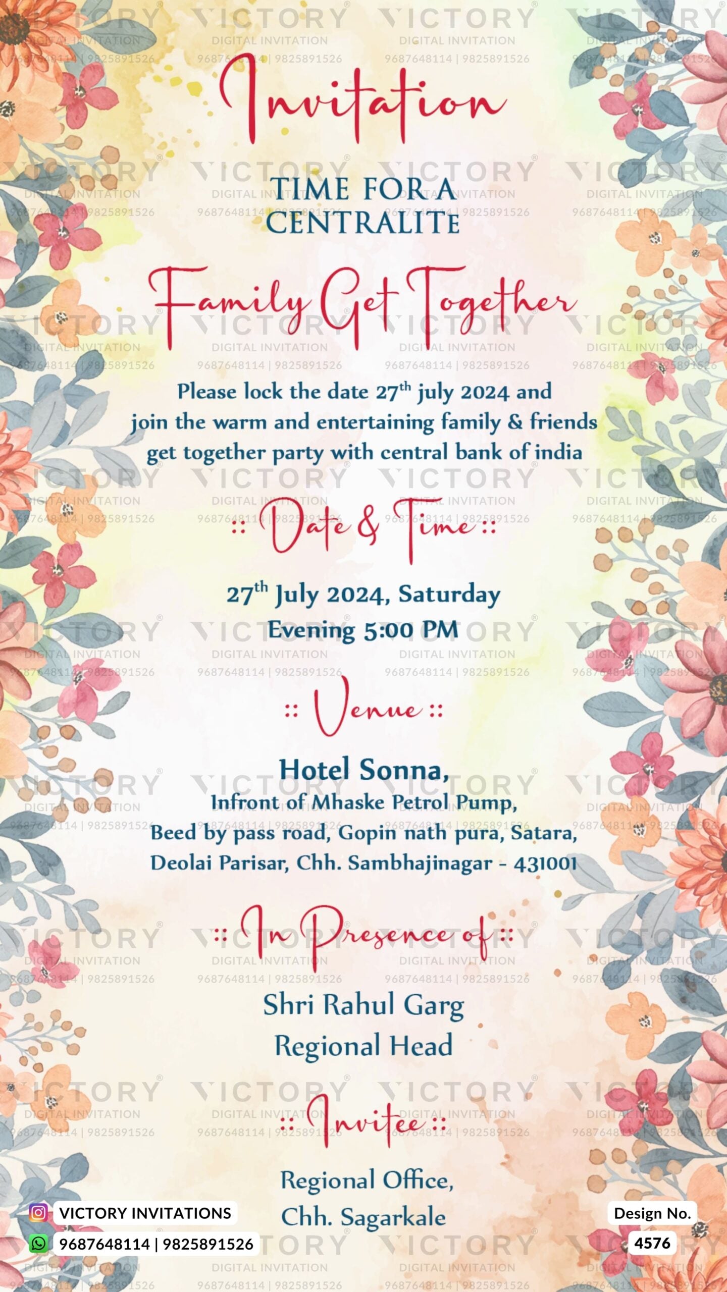 Get Together Party invitation card in english language with leaves as floral theme design 4576