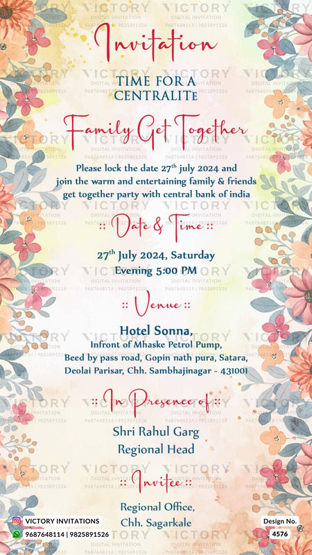 Get Together Party invitation card in english language with leaves as floral theme design 4576