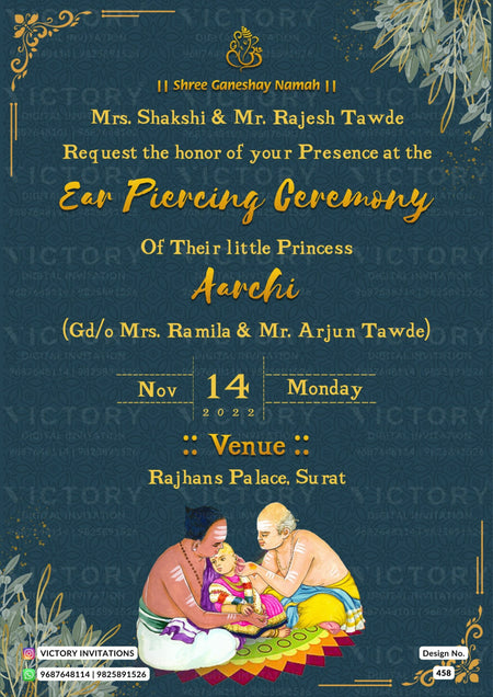 Ear Piercing ceremony invitation card in english language with leaves, ear piercing doodle as minimalistic theme design 458