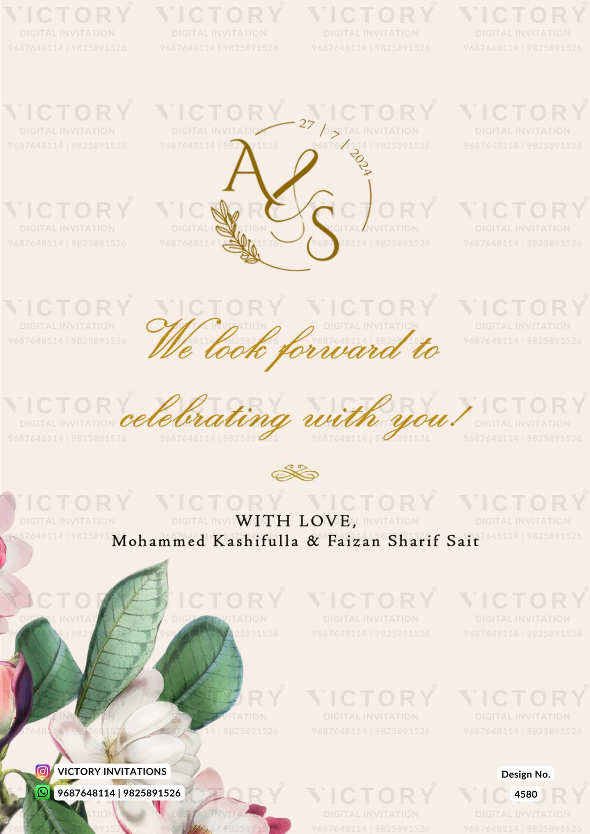 Sitting couple caricature invitation card for Islamic Nikah ceremony of Muslim family in english language with arch theme design 4580