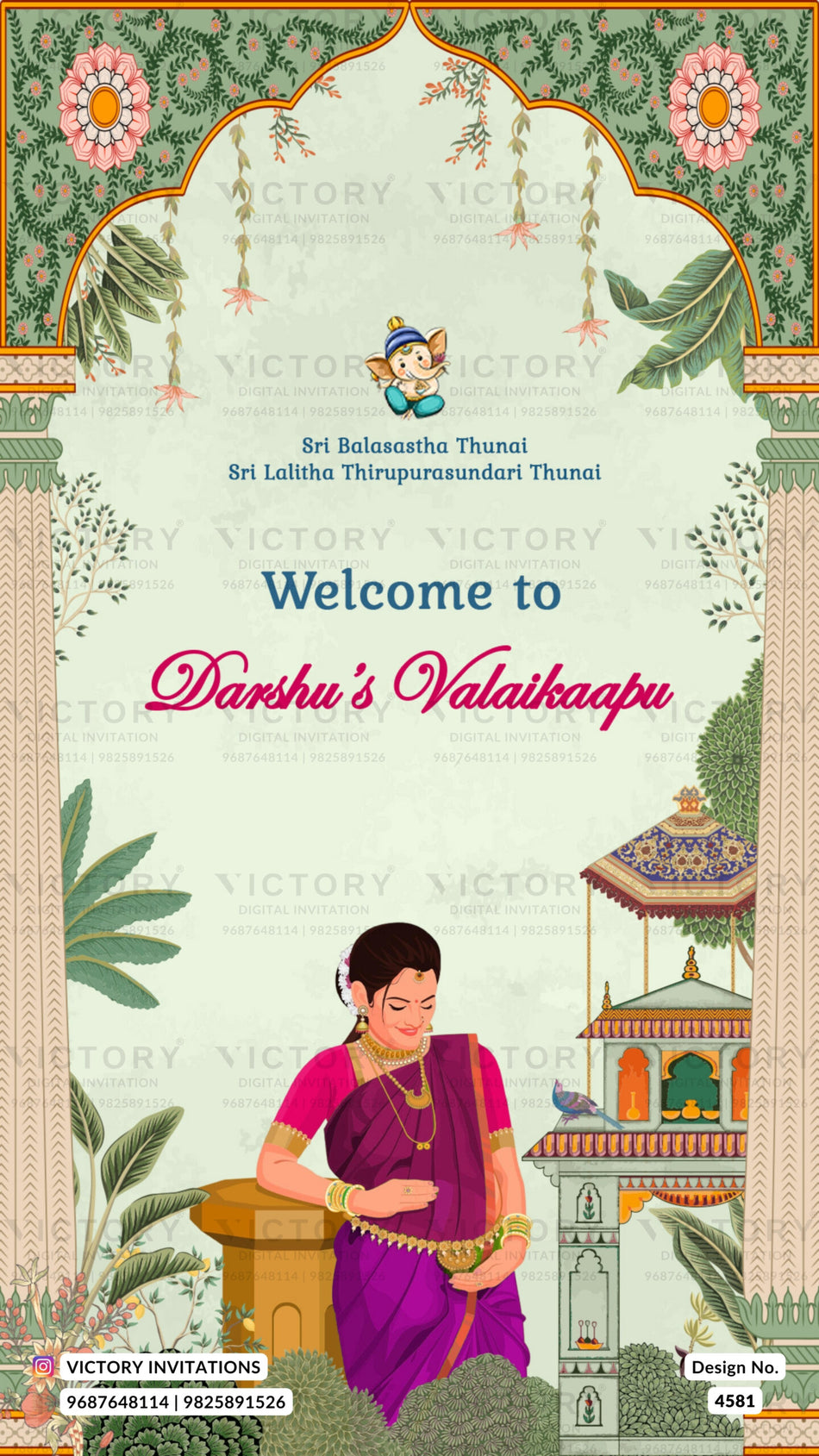 Baby Shower ceremony invitation card in english language with birds, temple as gate theme design 4581
