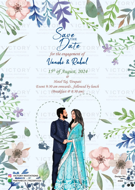 Romantic couple caricature invitation card for Engagement ceremony in English language with leaves as floral theme design 4584