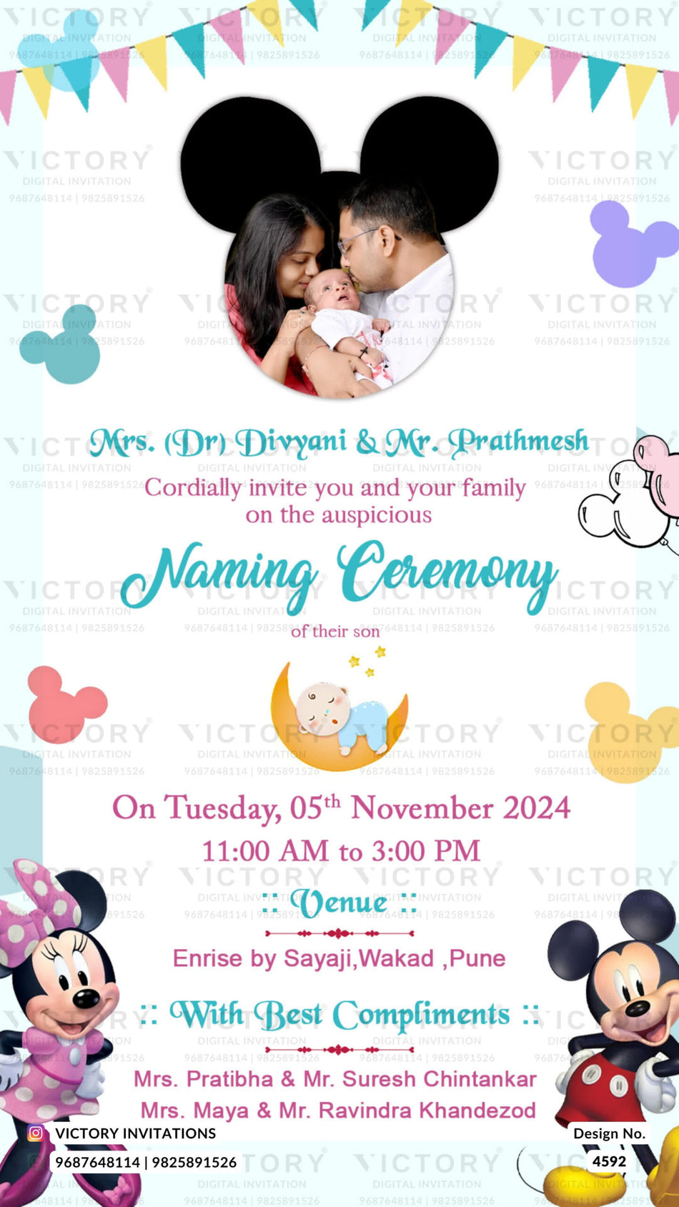 Baby Naming ceremony invitation card in english language with moon, baby doodle as cartoonish theme design 4592