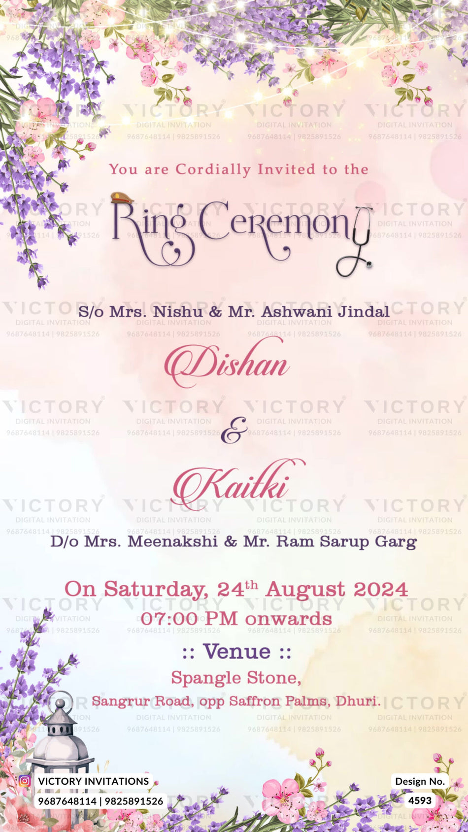 Engagement ceremony invitation card in english language with string light as floral theme design 4593