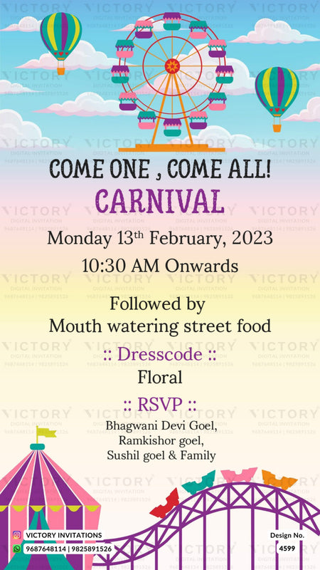 Carnival Party invitation card in english language with Ferris Wheel, tent as carnival theme design 4599