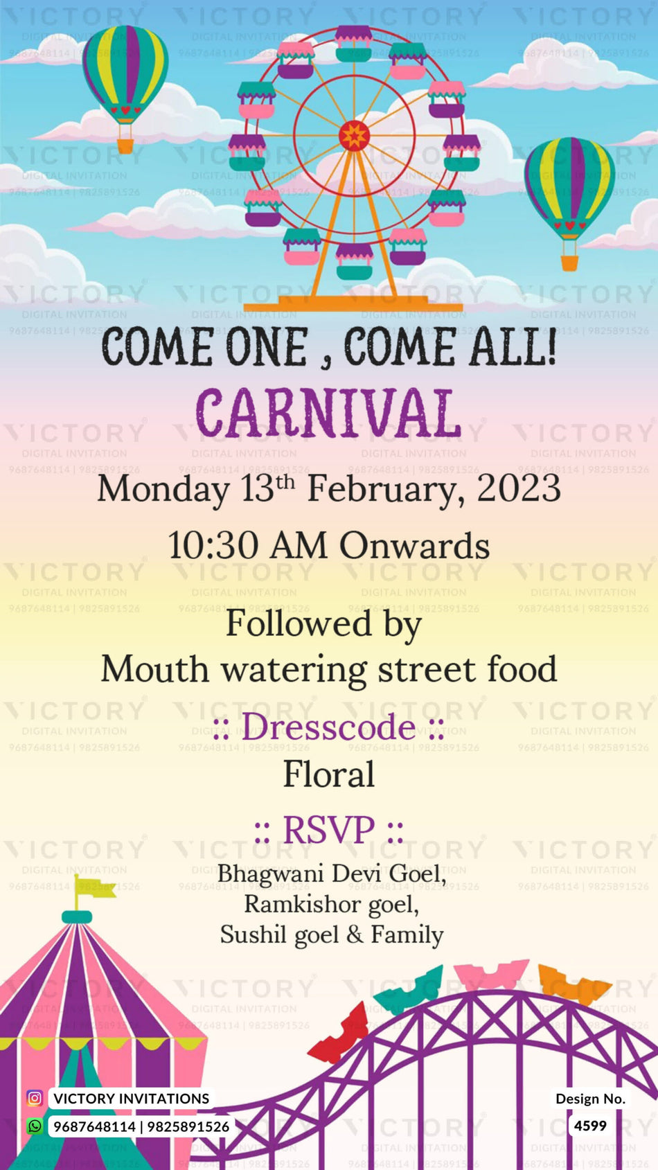 Carnival Party invitation card in english language with Ferris Wheel, tent as carnival theme design 4599