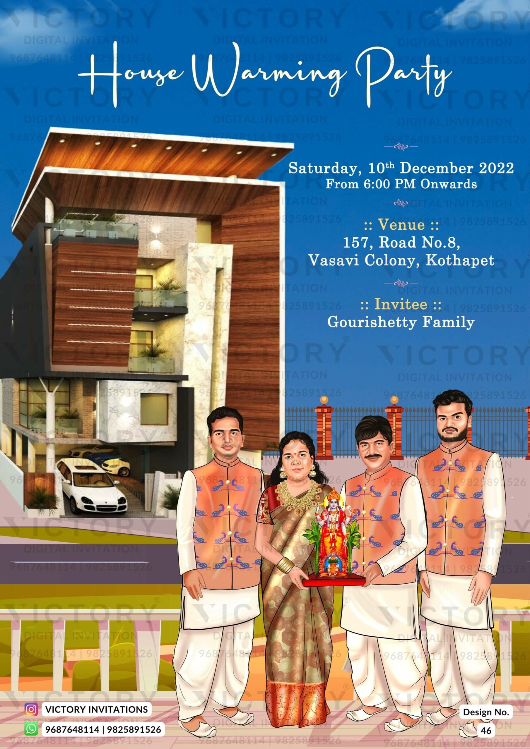 Family caricature invitation card for House Warming ceremony in English language with house, grass, fence as classic theme design 46