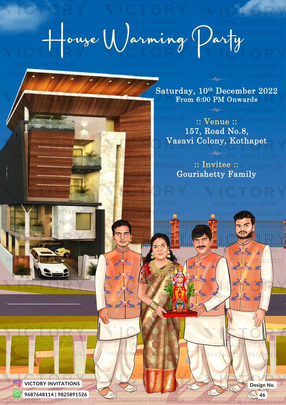 Family caricature invitation card for House Warming ceremony in English language with house, grass, fence as classic theme design 46