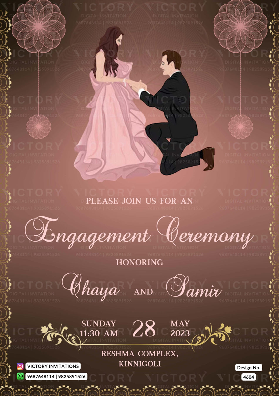 Engagement ceremony invitation card in english language with couple doodle as minimalistic theme design 4604