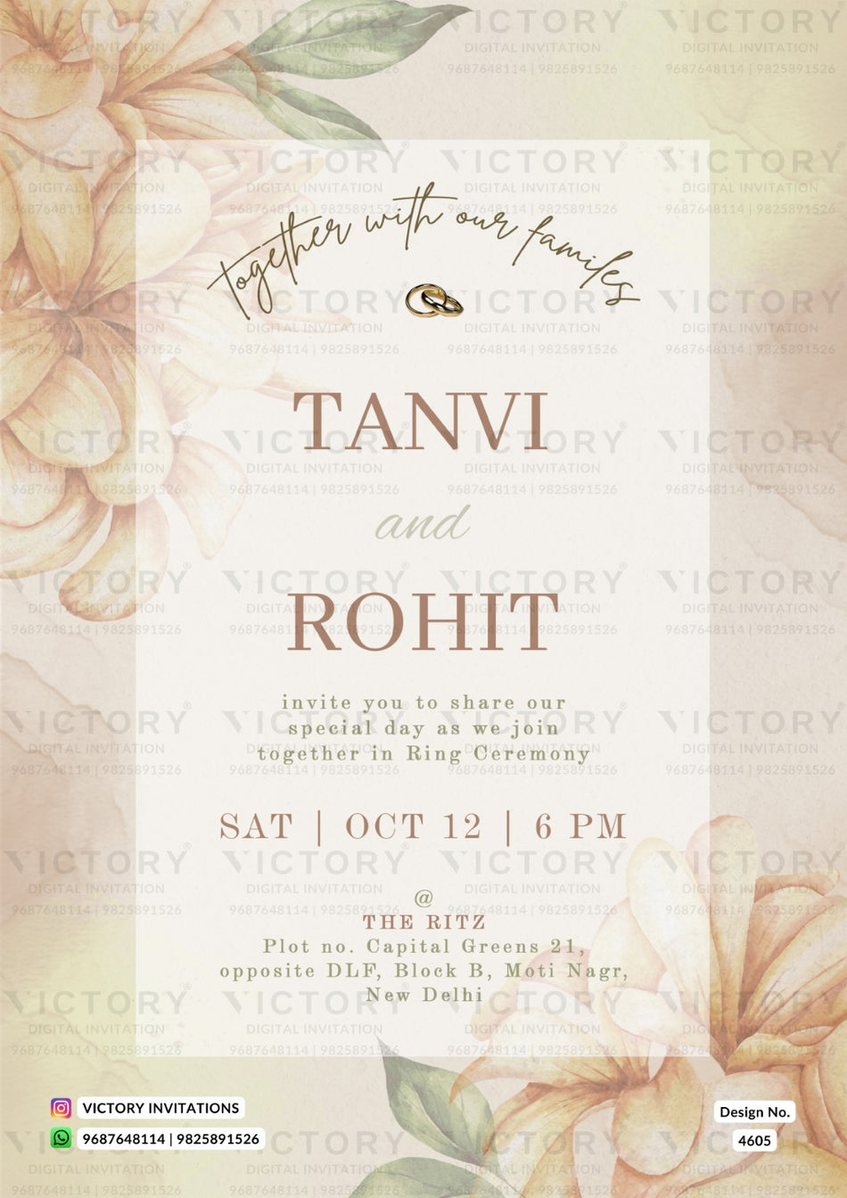 Engagement ceremony invitation card in english language with leaves as floral theme design 4605