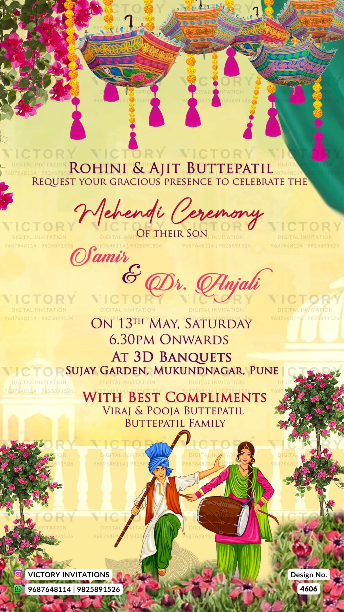 Mehendi ceremony invitation card in english language with umbrella, leaves as floral theme design 4606