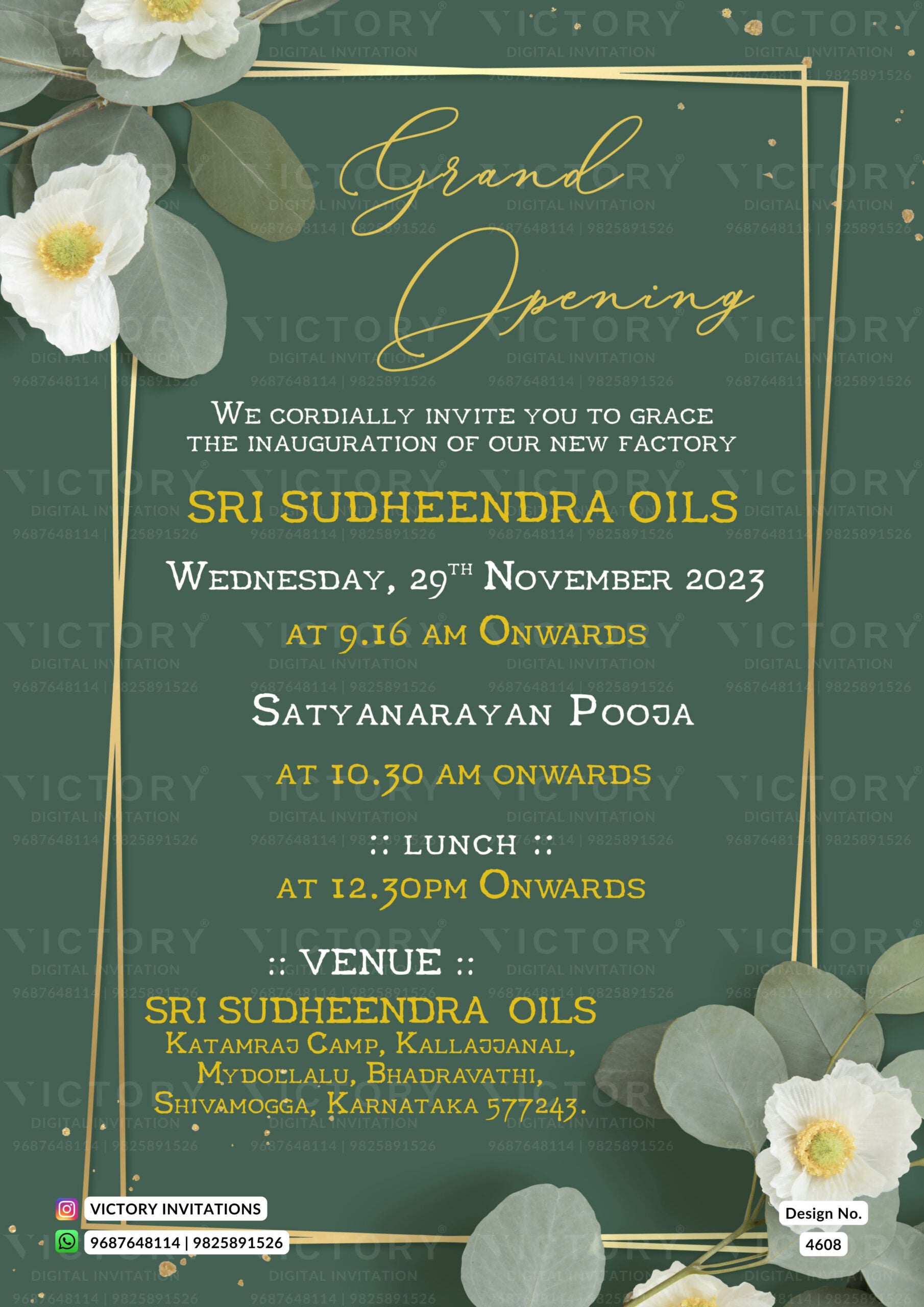 Opening invitation card in english language with flowers, frame as minimalistic theme design 4608